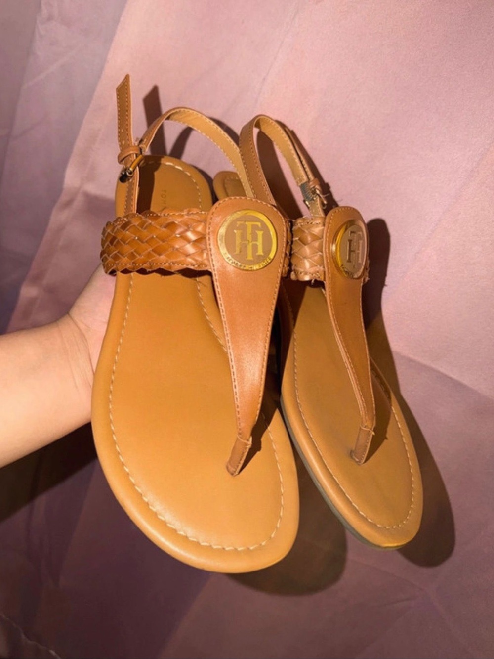 Tommy Hilfiger Cognac Braided T-Strap Slingback Sandals